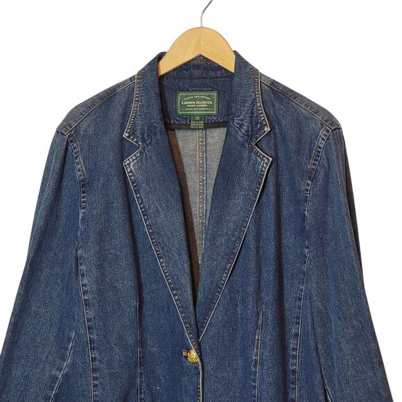 Ralph Lauren Jeans Co Denim Blazer Blue Single Breasted Mid-Length Classic 2X - Picture 2 of 14